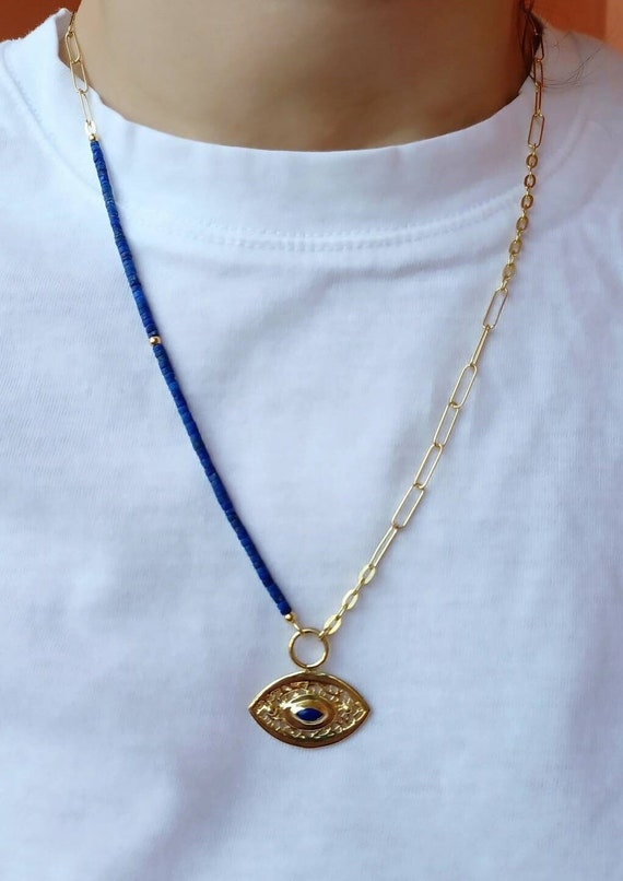 Details about   18K Gold Plated 925 Silver Lapis Chalcedony Necklace 18.5'' Or 20.5'' Ref:032 
