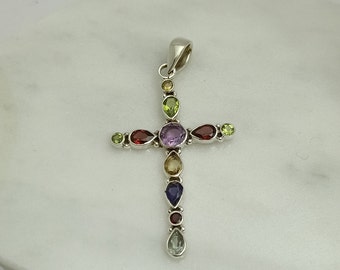 Pendentif Argent Avec Croix Et Pierres (péridot, Citrine, Topaze, Marcassites, Grenat) – Occasion