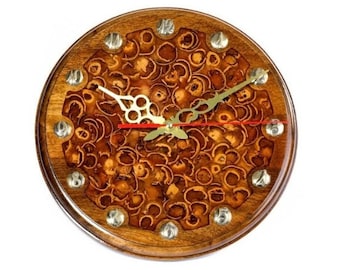 Handmade Beech Wood Epoxy Clock: Walnut Shell Inlay, Bronze Numbers