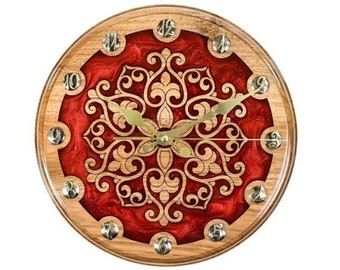 Handcrafted Wood Wall Clock with Ornate Carvings / Colored Epoxy Resin / Bronze Cast Numbers