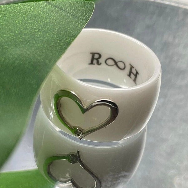 Personalized Ceramic Ring For you with Silver Heart and Engraving 'R ∞ H' - Handmade Gift for Loved Ones - Wedding band - Armenian jewelry