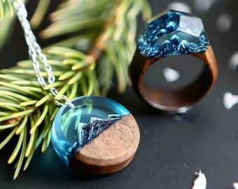 Handmade Wood Ring and Pendant Set, Mountain Carving in Epoxy Resin