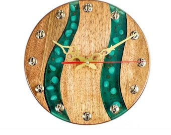 Handmade Round Wall Clock with Walnut Wood and Epoxy Combination