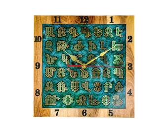 Armenian Alphabet Wooden Wall Clock, Epoxy Resin Accent (14 inch)