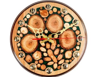 Handmade Walnut Log Wall Clock, Epoxy Bronze Numbers, Quartz Movement
