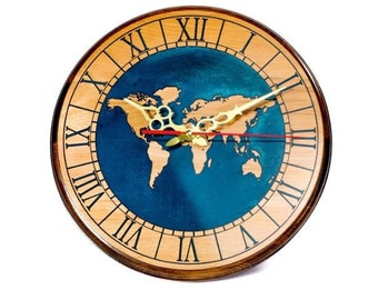 Handcrafted Beech Wood World Map Wall Clock – Epoxy Resin, Roman Numerals