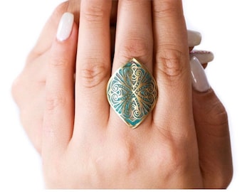 Handmade Brass Cuff Ring, Vintage Patina Bohemian Jewelry