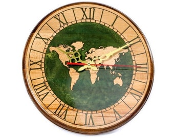 Handcrafted World Map Wall Clock – Beech Wood & Epoxy Resin