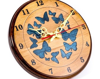 Butterfly Wall Clock with Epoxy Finish, Engraved Beech Wood