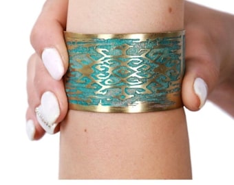 Handcrafted Brass Cuff Bracelet – Armenian Carpet Design