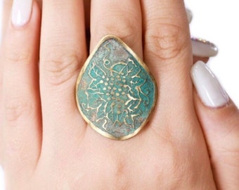 Handcrafted Patina Brass Ring - Armenian Heritage Cuff Jewelry