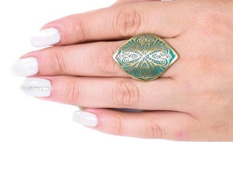 Handcrafted Brass Statement Ring, Teal Patina