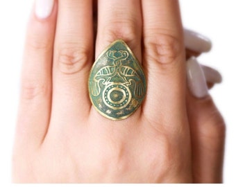 Vintage Patina Brass Cuff Ring, Handmade Bohemian Jewelry