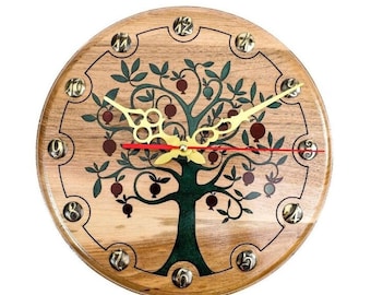 Handmade Beech Wood Wall Clock – Pomegranate Tree Epoxy Design