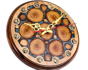 Walnut Wood Slice Clock with Epoxy, Bronze Numerals