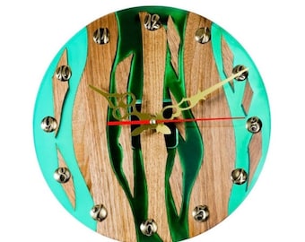 Handmade Walnut Wood Wall Clock, Bronze Numerals, Epoxy Resin
