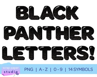 Lettere a bolle di Black Panther con macchie di leopardo Download immediato, alfabeto completo dalla A alla Z, numeri da 0 a 9, 14 simboli, file PNG trasparenti ad alta risoluzione