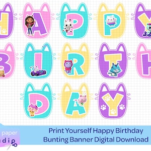 Gabby's Dollhouse Print Yourself Happy Birthday Vlaggenlijn banner digitale download! Bevat alle Gabby Cats en montage-instructies!