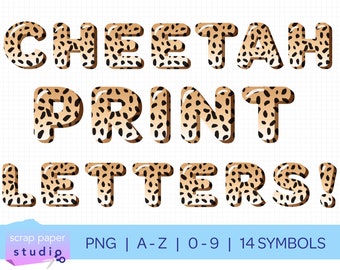 Lettere a bolle con stampa di ghepardo, download immediato, safari con animali selvatici, alfabeto completo dalla A alla Z, numeri da 0 a 9, 14 simboli, file PNG trasparente ad alta risoluzione