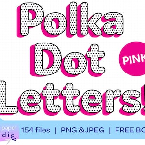 Letras de lunares, lunares en blanco y negro de color rosa intenso, alfabeto completo, 0-9, símbolos, 154 archivos PNG y JPEG, clipart de feliz cumpleaños adicional