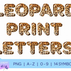 Leopard Print Bubble Letters Instant Download, Wild Animal Safari, A-Z Full Alphabet, 0-9 Numbers, 14 Symbols, High Res Transparent PNG File