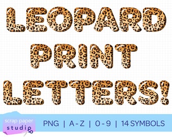 Download immediato di lettere a bolle con stampa leopardata, safari con animali selvatici, alfabeto completo dalla A alla Z, numeri da 0 a 9, 14 simboli, file PNG trasparente ad alta risoluzione
