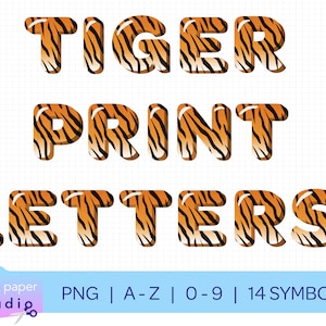Tiger Stripe Bubble Letters Instant Download, Animal Safari Print, A-Z Full Alphabet, 0-9 Numbers, 14 Symbols, High Res Transparent PNG File