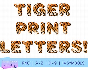 Download immediato di lettere a bolle a strisce di tigre, stampa safari con animali, alfabeto completo dalla A alla Z, numeri da 0 a 9, 14 simboli, file PNG trasparente ad alta risoluzione