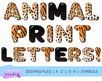 Lettere a bolle con stampa animale, 200 file PNG trasparenti: ghepardo, leopardo, tigre, pantera nera, dalla A alla Z, dalla 0 alla 9, 14 simboli in ogni set