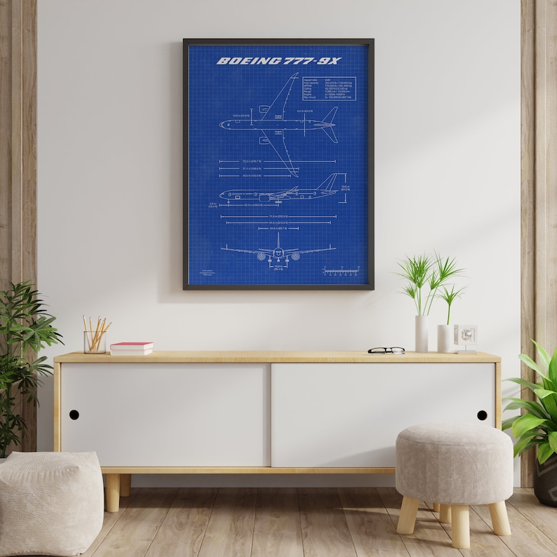Boeing B777-9X Poster Aircraft Design Blueprint Wall Art Print