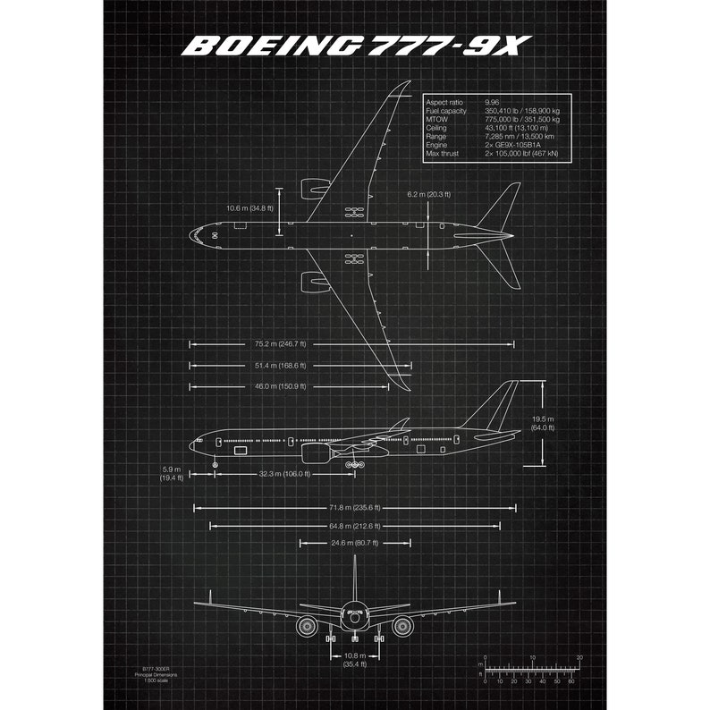 Boeing B777-9X Poster Aircraft Design Blueprint Wall Art Print