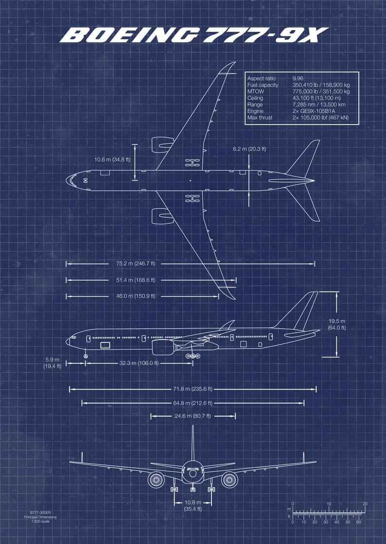 Boeing B777-9X Poster Aircraft Design Blueprint Wall Art Print