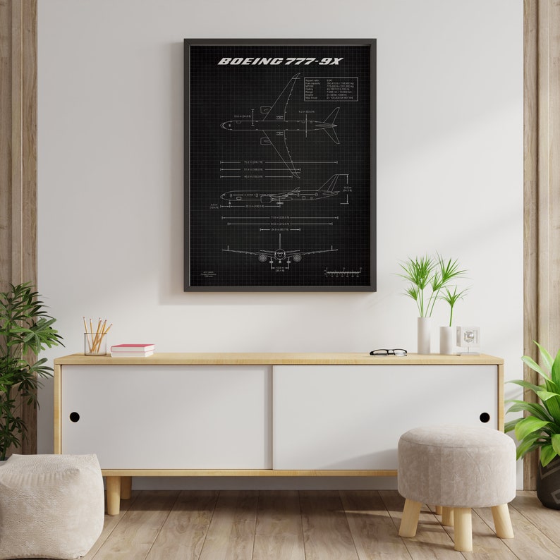 Boeing B777-9X Poster Aircraft Design Blueprint Wall Art Print