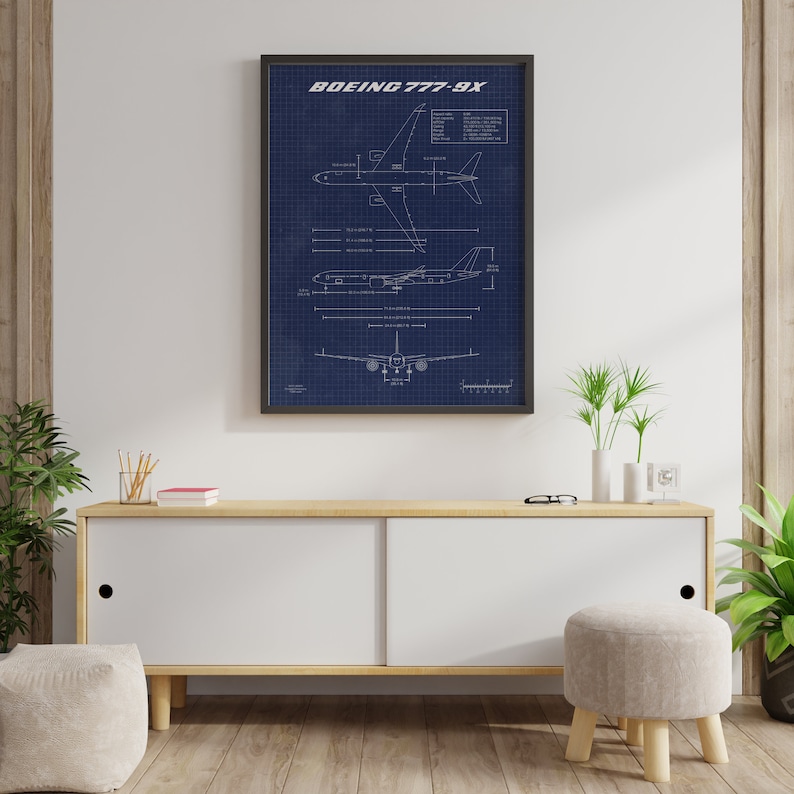 Boeing B777-9X Poster Aircraft Design Blueprint Wall Art Print