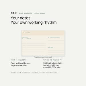 Actual worksheet detail with truthful print, handwriting and Fillable US Letter use. Records are manual; no automatic calculations or sync are claimed.