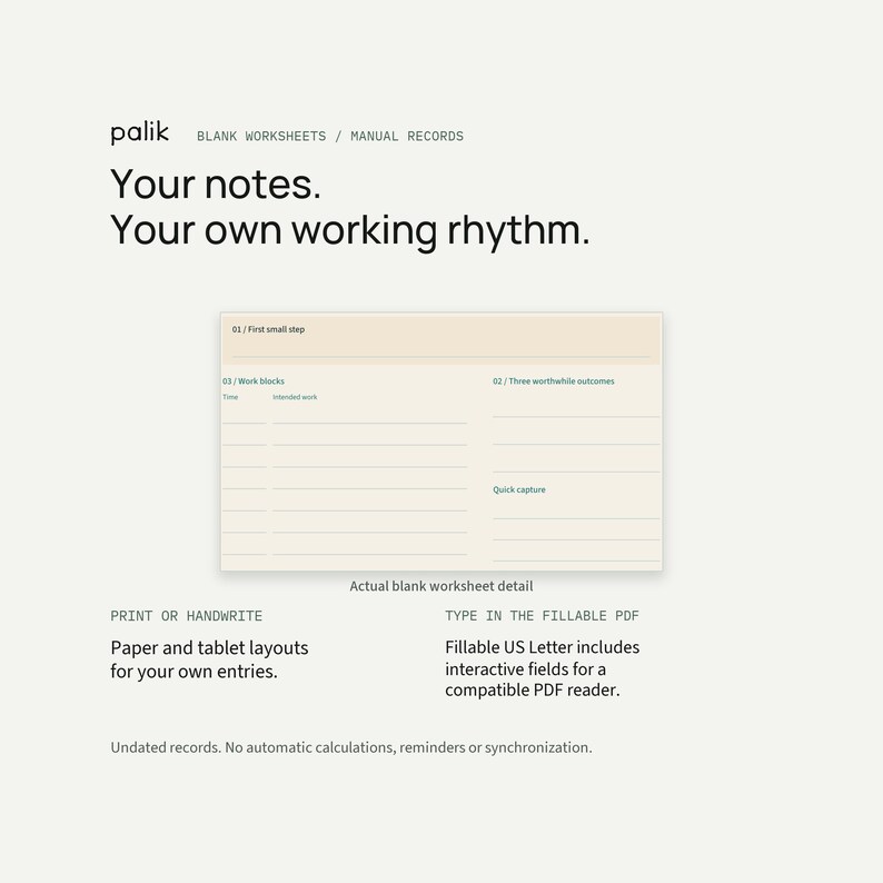 Actual worksheet detail with truthful print, handwriting and Fillable US Letter use. Records are manual; no automatic calculations or sync are claimed.