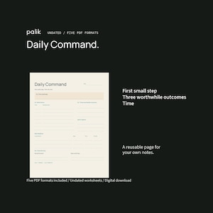 Daily Command: actual included worksheet pages. Undated digital files in five formats; no hardware included.