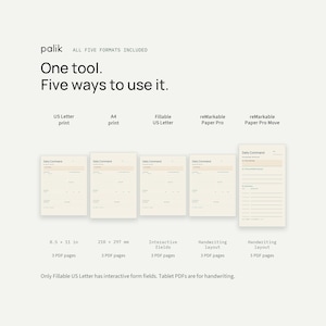 Actual pages from US Letter, A4, Fillable US Letter, reMarkable Paper Pro and Paper Pro Move. Print sizes, fillable fields and handwriting layouts are identified; no additional tablet editions are implied.
