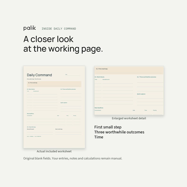 Actual Daily Command worksheet page 1 and enlarged field detail. Content shown is included in this product.