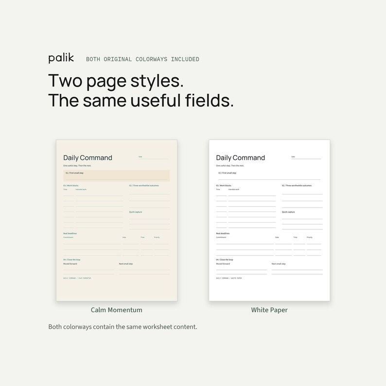 Actual Calm Momentum and White Paper pages from the included PDF. These original colorways are unchanged.