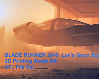 May include: A black and silver futuristic vehicle, a flying car, with a clear canopy, is hovering in the air. The vehicle is labelled "BLADE RUNNER 2049 Luv's Goon Squad Spinner 3D Printing Model Kit STL File Set".