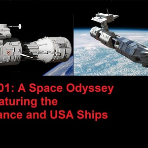 Op de afbeelding: Twee ruimtevaartuigen uit de film 2001: A Space Odyssey. De eerste is een wit, cilindrisch schip met een klein, rond, rood-wit embleem aan de zijkant. De tweede is een lang, wit, rechthoekig schip met een kleine, witte, rechthoekige structuur bovenop.