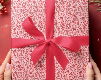 Red Christmas Doodle Gift Wrap | Holiday Gift Wrapping Sheets (Set of 3)