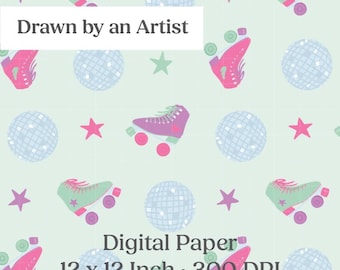 Disco Roller Skates Digital Paper, Scrapbook Seamless File, Roller Derby Fabric Print, Whimsical Stars and Skates Pattern, 12x12 Inch PNG