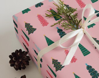 Decorated Christmas Trees on Pink Wrapping Paper Sheets | Illustrated Holiday Giftwrap | 3 Sheets