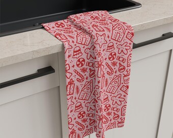 Hand Drawn Baking Icons Tea Towel | Red Christmas Holidays Doodle Kitchen Pattern