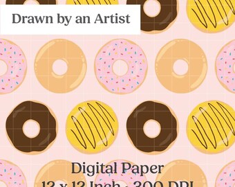 Donut Joy Seamless File, Illustrated Doughnut Pattern, Scrapbook Digital Paper, Colorful Dessert Fabric Print, Food Patterns, 12x12 Inch PNG