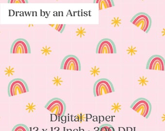 Rainbows Stars Digital Paper, Pink Scrapbook, Nursery Fabric Print, Whimsical Rainbow Pattern, 12x12 Inch PNG