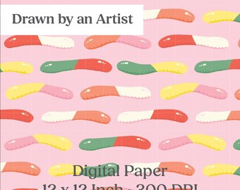 Gummy Worms Digital Paper, Pink Scrapbook, Nursery Fabric Print, Whimsical Sticky Candy Pattern, 12x12 Inch PNG