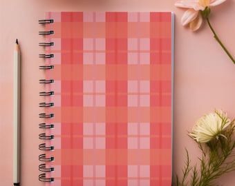 Pink and Red Sunset Plaid Spiral Notebook - Ruled Line - Valentine's Galentine's Day Gift
